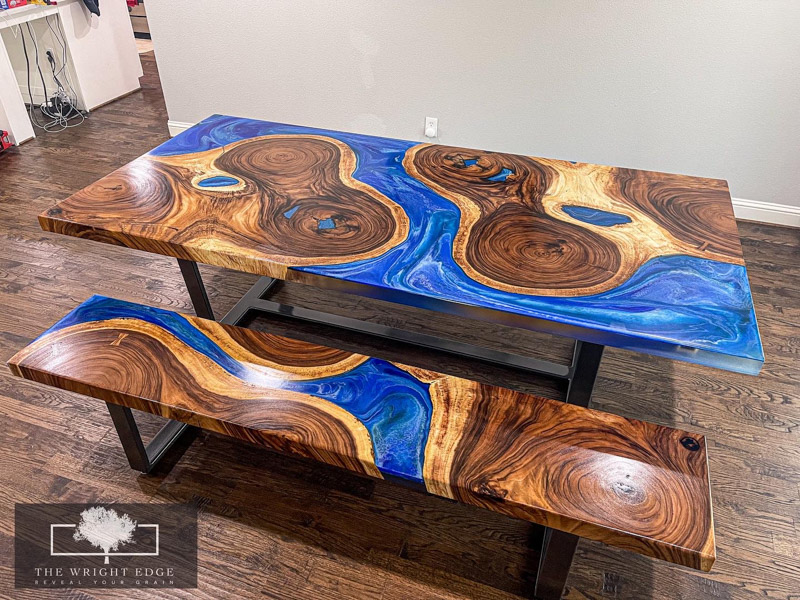 Custom Woodworking – Golden Acacia Dining Table and Bench with Epoxy