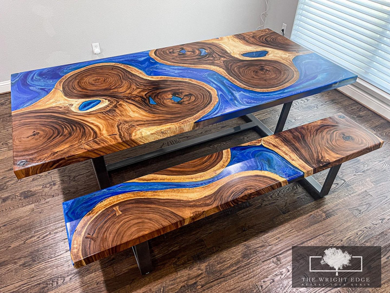 Custom Woodworking – Golden Acacia Dining Table and Bench with Epoxy